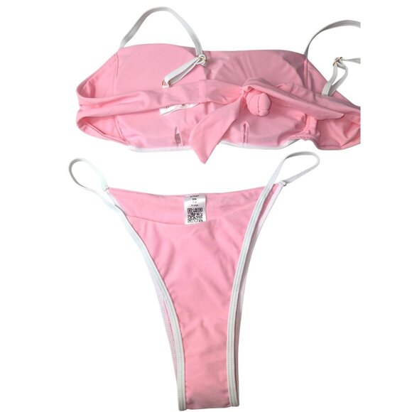 Pink Bikini Swimsuit 2 pc Set*Cheeky*White Trim & Tie Back*Sissy*Cosplay*XL*New - Picture 5 of 10
